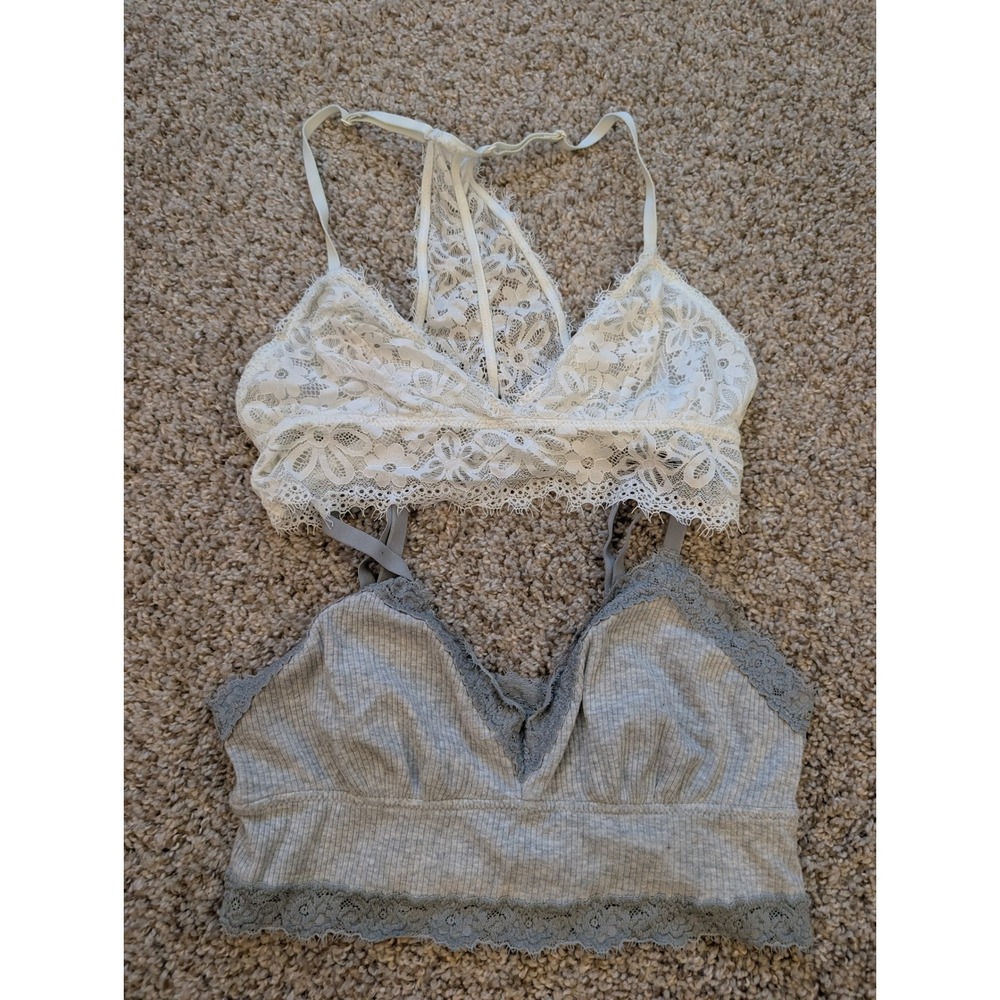 Aerie Bralette Set 2 Pack White Floral Lace Racerback Gray Ribbed Knit Small S/P